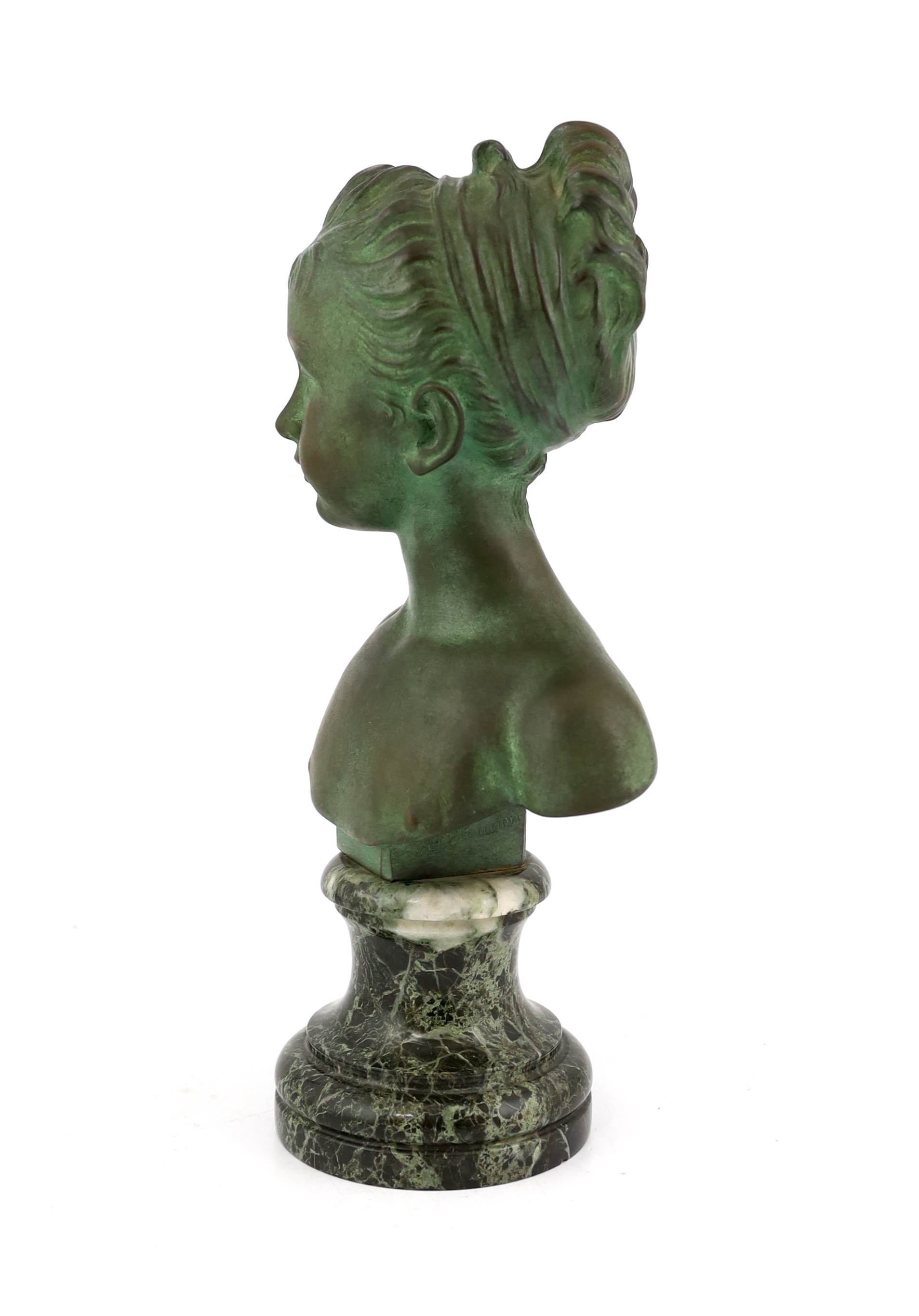 After Jean-Antoine Houdon (1741-1828), a green patinated bronze bust of a child